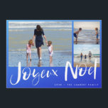 Carte de Noël Joyeaux Noel Beach<br><div class="desc">Joyeux Noel Carte de voeux de Noël française dans un design de trois photos à l'ombre bleue sur la plage. Customisé avec trois de vos photos et le nom de votre famille. Cette carte de Noël de plage revient à un dessin à rayures bleues et blanches sur le dos.</div>