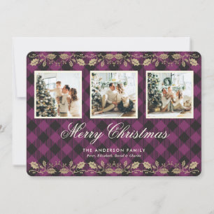 Carte de Noël Joyeuse Gold Holly Plaid violet