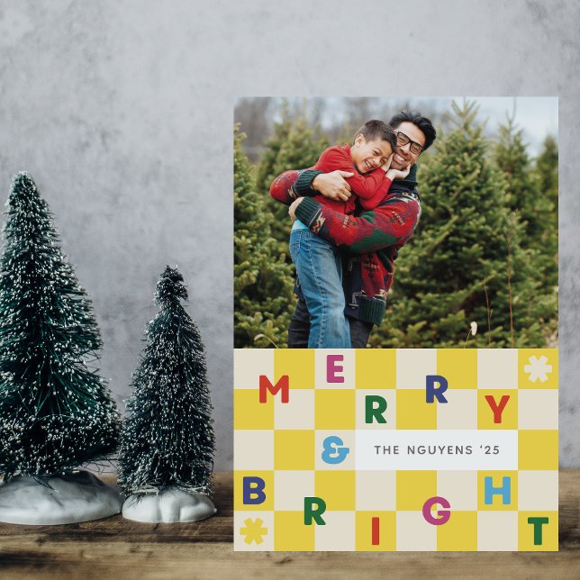 Carte de Noël Joyeuse & Lumineuse à damier jaune (Créateur téléchargé)