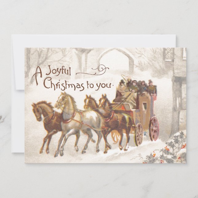Carte de Noël Joyeuse vintage Cheval Carriage neig (Devant)