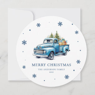 Carte de Noël Joyeux Camion bleu Aquarelle