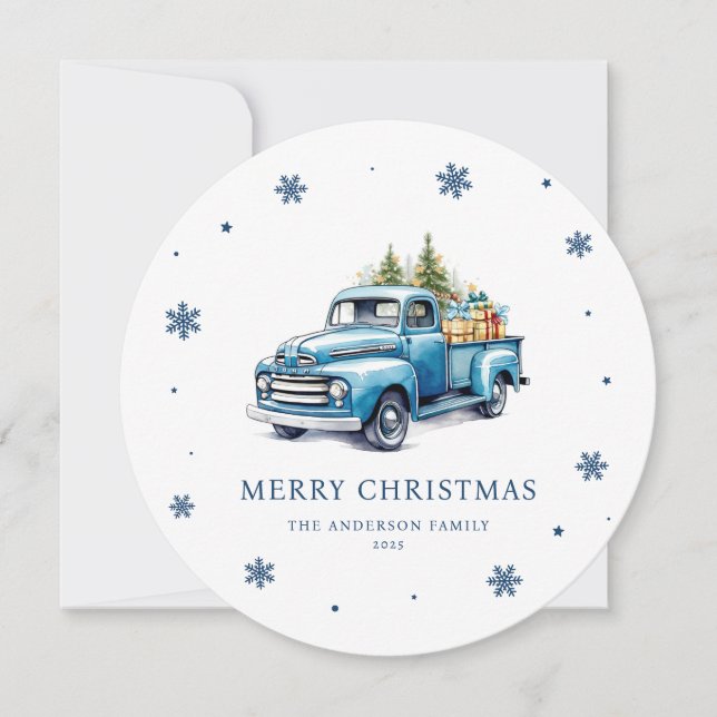 Carte de Noël Joyeux Camion bleu Aquarelle (Devant)