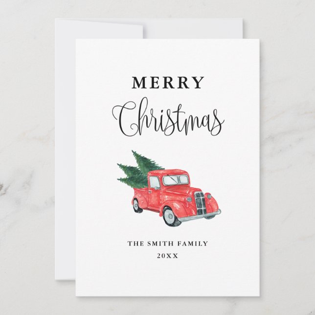 Carte de Noël Joyeux Camion Rouge Aquarelle (Devant)
