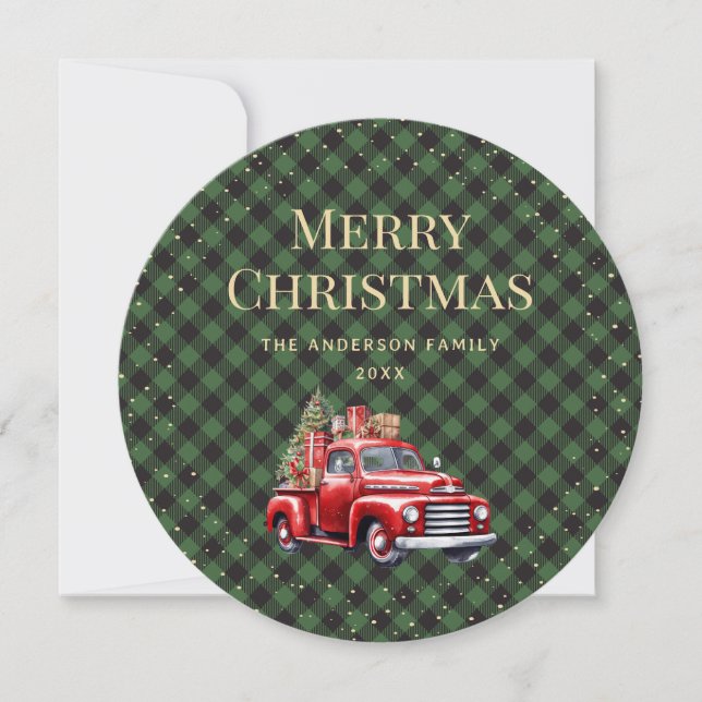 Carte de Noël Joyeux Camion Rouge Neige Vert Plaid (Devant)