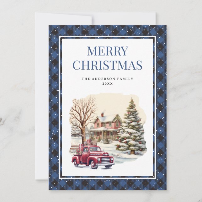 Carte de Noël Joyeux Camion Rouge Plaid Bleu Neige (Devant)