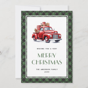 Carte de Noël Joyeux Camion Rouge Plaid Buffalo ve