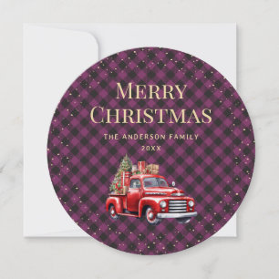Carte de Noël Joyeux Camion Rouge Plaid violet