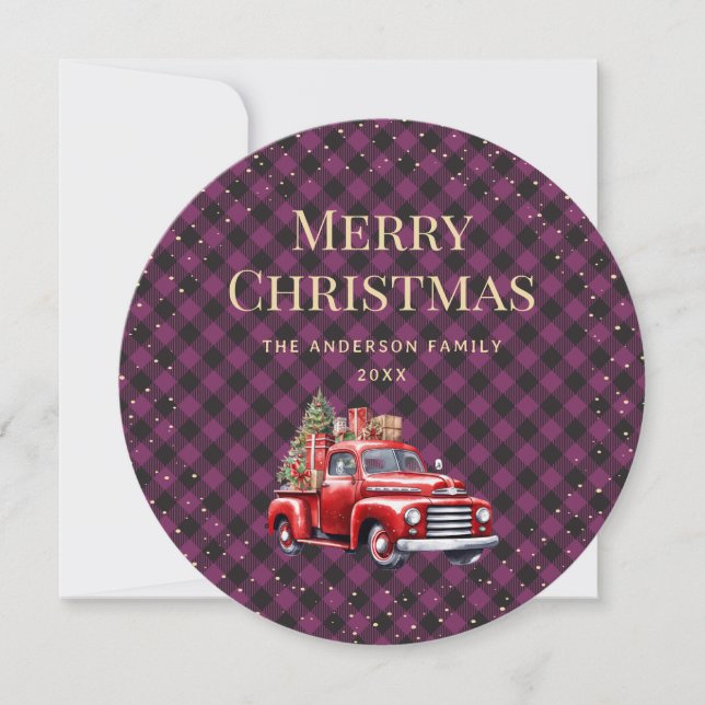 Carte de Noël Joyeux Camion Rouge Plaid violet (Devant)