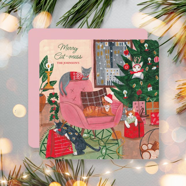 Carte de Noël Joyeux Chat-choc des chats (Merry Cat-mess cats Christmas Holiday Card)