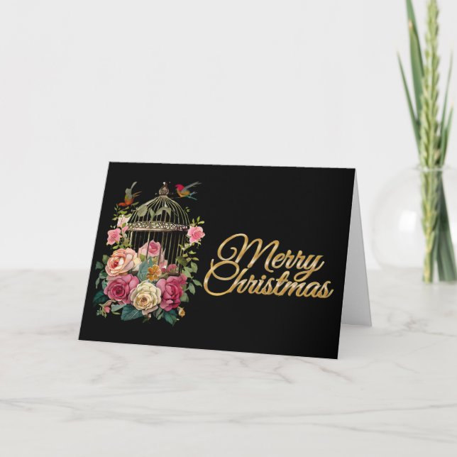 Carte de Noël Joyeux Fleur d'Aquarelle noire (Devant)