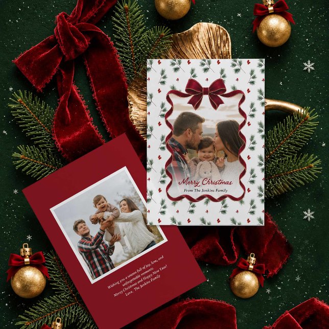 Carte de Noël Joyeux Noël avec ruban rouge et verd (Elegant Red Bow Merry Christmas 2 Photo Greeting Card)