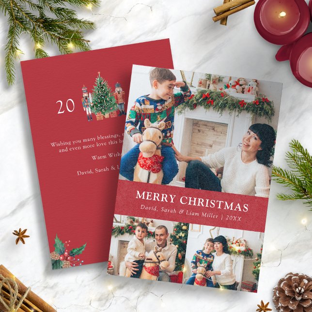 Carte de Noël Joyeux Noël Collage de photos (Nutcracker Merry Christmas Photo Collage Holiday Card)
