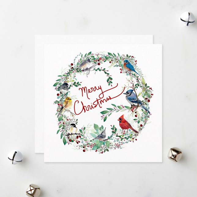Carte de Noël Joyeux Noël Oiseau et Couronne (Merry Christmas Bird And Wreath Holiday Card from Jenn Steffen Art.)
