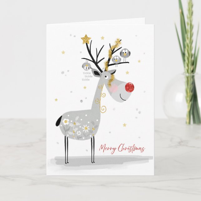 Carte de Noël Joyeux Renne avec ses Copains Oiseau (Devant)