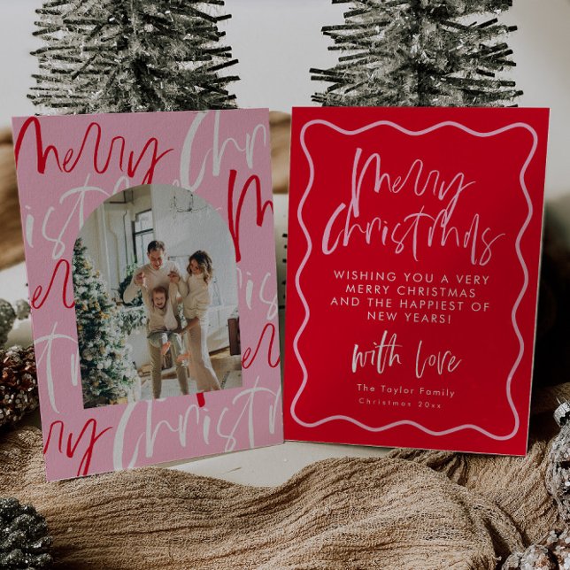 Carte de Noël Joyeux Rouge Et Rose (Créateur téléchargé)