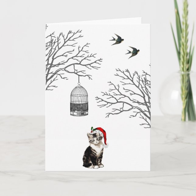 Carte de Noël Kitten Vintage Birdcage (Devant)