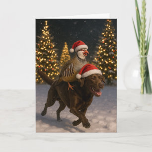 Carte de Noël Labrador chocolat et perdrix