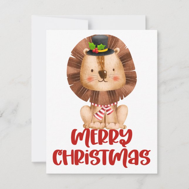 Carte de Noël Lion aquarelle Mignonne (Devant)