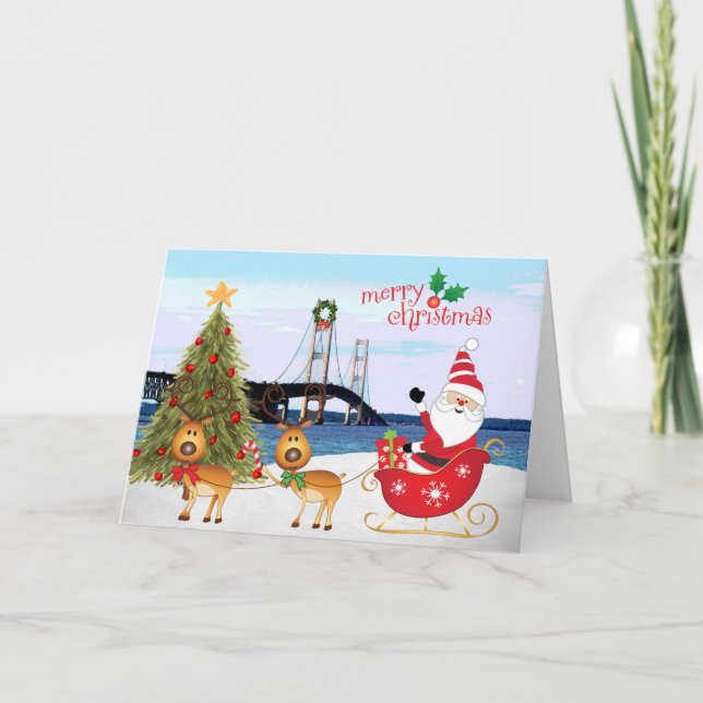 Carte de Noël Mackinac Bridge avec Père Noël, Slei (Devant)