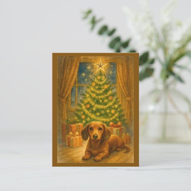 Carte de Noël Magique avec un Dachshund (Debout devant)