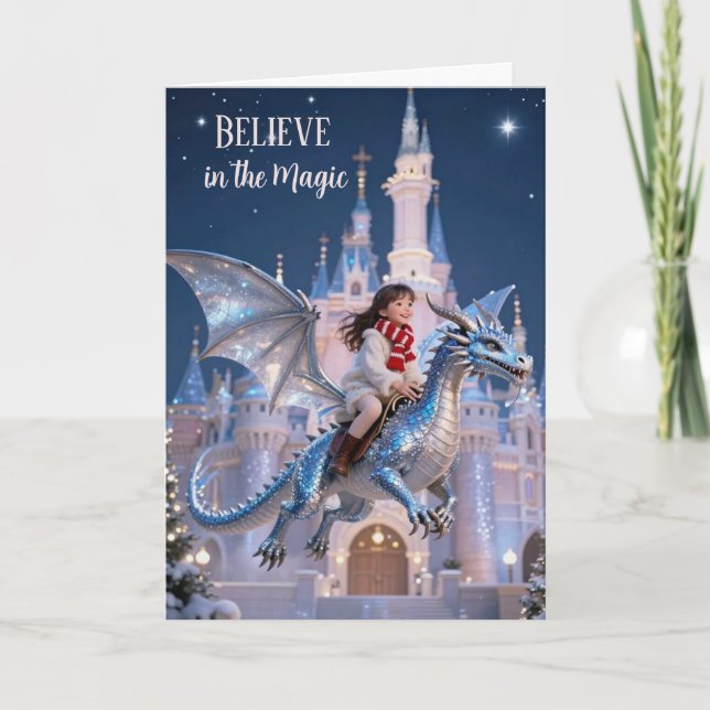 Carte de Noël Magique Fille au Dragon (Devant)