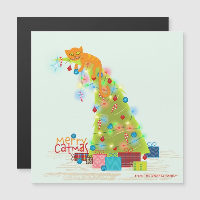 Carte de Noël magnétique de l'arbre Catmas (Devant / Derrière)