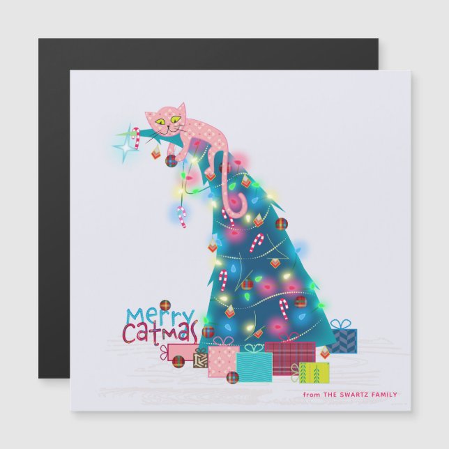 Carte de Noël magnétique de l'arbre Catmas (Devant / Derrière)