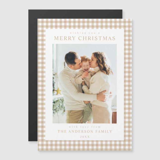 Carte de Noël magnétique photo Beige Gingham (Devant / Derrière)