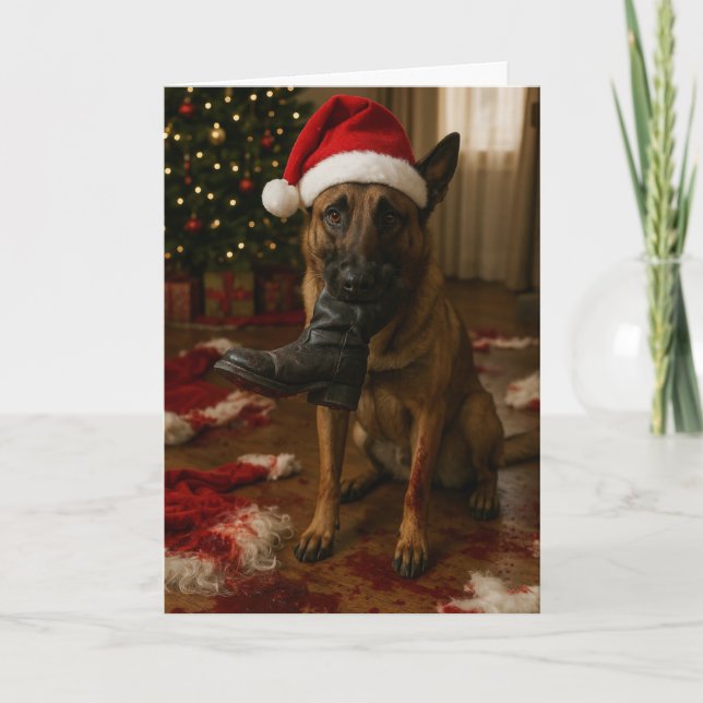 Carte de Noël Malinois belge mangeant le Père Noël (Devant)