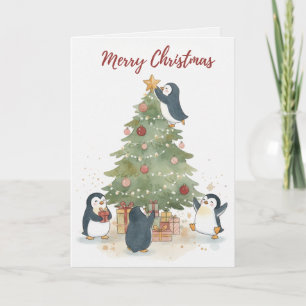 Carte de Noël Manchots Arbre de Noël Vintage