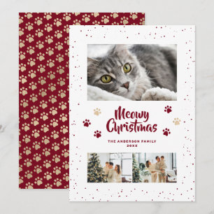 Carte de Noël Meowy Photo Snow Paws Or Rouge