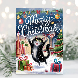 Carte de Noël Merry Christmas au chat noir drôle a