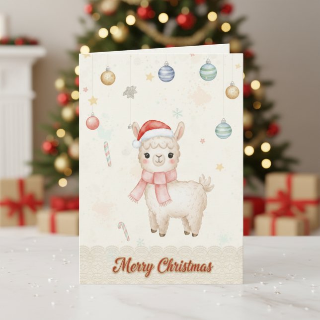 Carte de Noël mignonne avec lama (Cute Christmas Llama Holiday Card - Watercolor Festive Greeting Card)