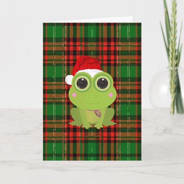 Carte de Noël mignonne de grenouille sur fond vert (Devant)