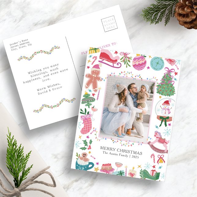 Carte de Noël Mignonne et Colorée (Hand-drawn Whimsical Charm Chic Holiday  Colorful Christmas Photo Postcard by Painted Paperie)