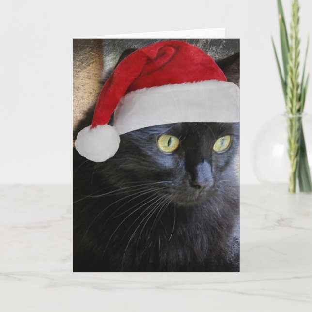 Carte de Noël mignonne, Jolie Chat Noir avec Casqu (Devant)