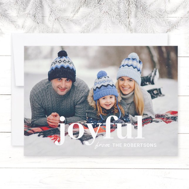 Carte de Noël minimaliste moderne Joyful 1 photo (Simple, modern Holiday family  photo Christmas card with the text "joyful" and family name.)