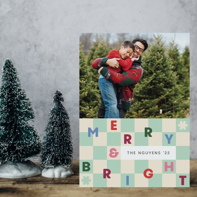 Carte de Noël Mint Checkerboard Merry & Bright (Créateur téléchargé)