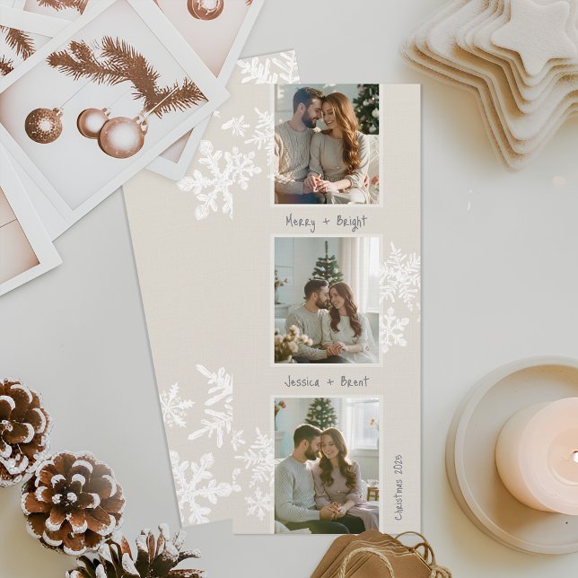 Carte de Noël moderne à bande de photos avec écrit (Custom 3-photo Christmas card with handwritten messages, perfect for couples, pets, or families.)