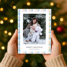 Carte de Noël moderne à carreaux rose et à motifs 