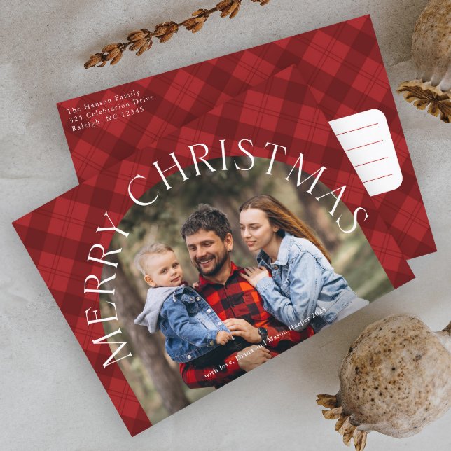 Carte de Noël Moderne à carreaux rouges avec arche (Red Plaid Arch Photo Chrismtas Holiday Postcard.)