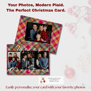 Carte de Noël moderne à carreaux tartan avec 4 pho