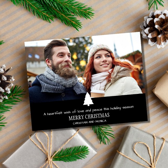 Carte de Noël moderne avec arbre à deux pins (Modern Couple Pine Tree Photo Plaid Christmas Card)
