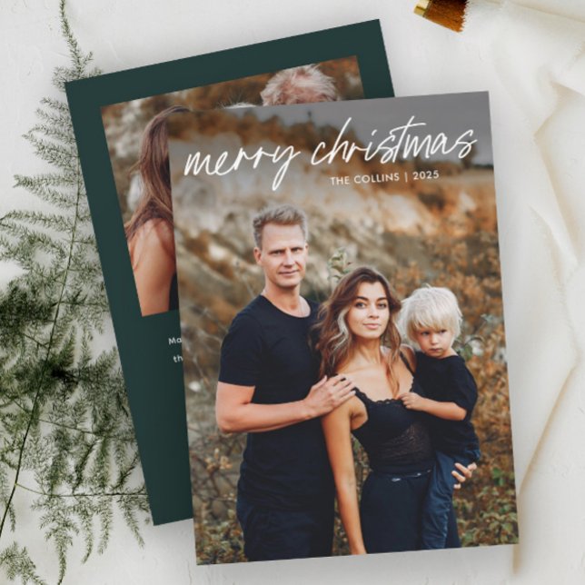 Carte de Noël Moderne avec Lettres Manuscrites et  (Simple Hand Lettered 2 Photo Christmas Cards.)