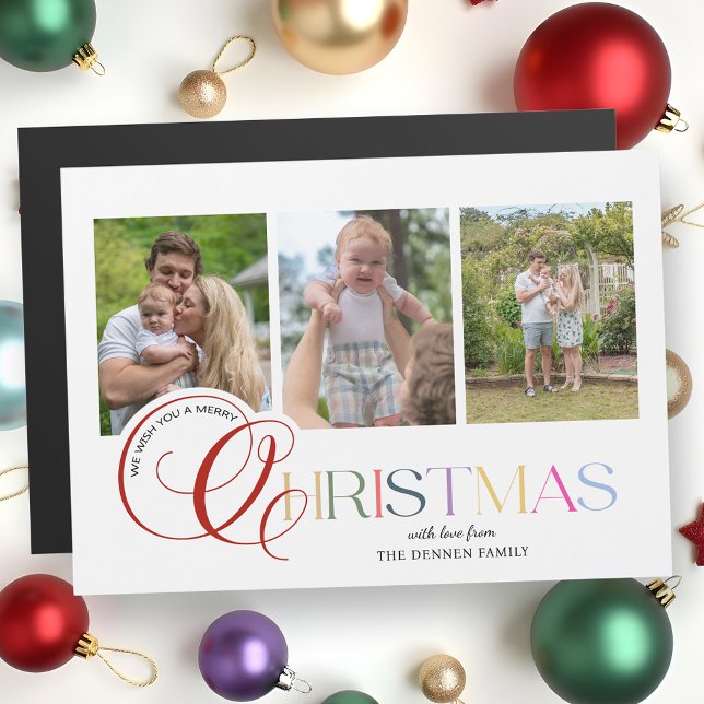 Carte de Noël Moderne Colorée Script 3-Photos (Créateur téléchargé)