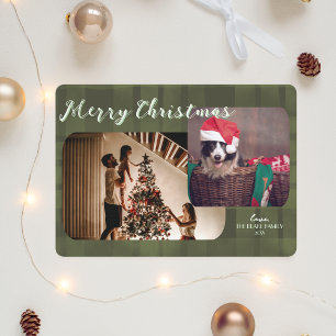 Carte de Noël moderne Double-photo Plaid Olive
