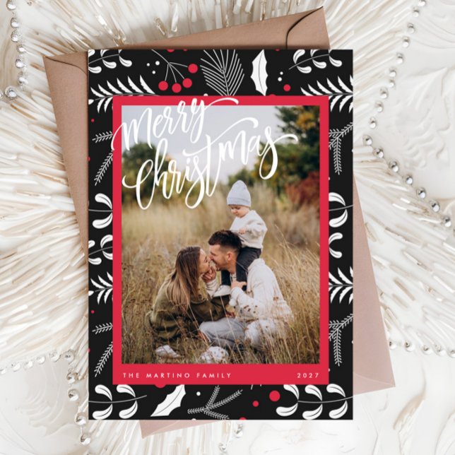 Carte de Noël moderne Red Black Folk Floral Photo (Créateur téléchargé)