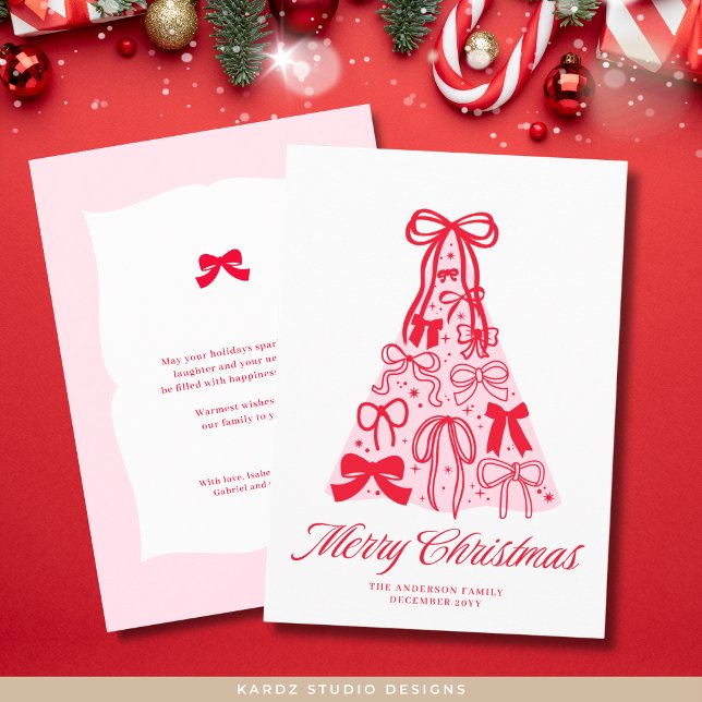 Carte de Noël moderne rose rouge ruban (Front and back of 5 x 7 inches flat card shown. Personalize and choose paper and corner style.)