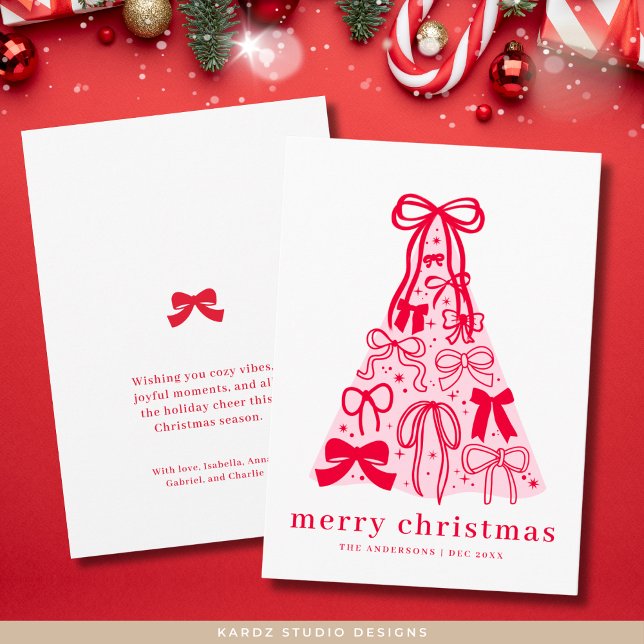 Carte de Noël moderne rose rouge ruban (Front and back of card shown in 5 x 7 inches. Choose corner style, paper and/or digital download)
