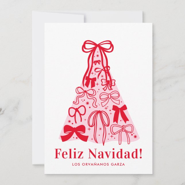 Carte de Noël Moderne Rose Rouge Ruban Feliz Navid (Devant)